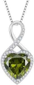 FJ Infinity Necklace for Women 925 Sterling Silver Heart Birthstone Pendant Necklace Jewellery Gifts for Mom Wife Girlfriend Daughter Sister Friends, Peridot