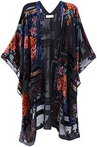 SERECA Women's Burnout Velvet Kimono Long Cardigan Cover Up with Tassel Black Flower Without Tassel