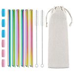 6 Pcs Reusable Boba Straws Smoothie Straws, 0.5" Wide Stainless Steel Straws, Angled Tips Metal Straws for Bubble Tea, Milkshakes, Smoothies with Cleanning Brush & Case (Rainbow)