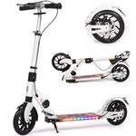 H.yeed Kick Scooter for Teens & Adults, 200mm Big Wheels Foldable Scooter for Kids Ages 8-12, Adult Scooters with LED Light-Up Deck, 4-Height Adjustable, Disc Brakes (White-L)