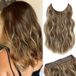 Invisible Wire Hair Extension Brown with Golden Highlights, Friendly Synthetic 12 inch Wavy Pieces for Women