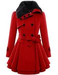 Zeagoo Women Long Sleeve Faux Fur Lapel Double-Breasted Thick Wool Coat Red