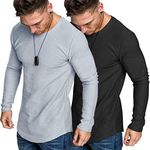 COOFANDY Men 2 Pack Long Sleeves Tee Muscle Fitted T Shirt Gym Workout Athletic Top Black/Grey Blue