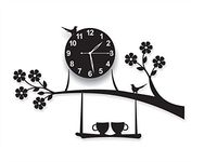 invision1 Plastic 3D Acrylic Tree Birds Coffee Cup On Jhula Design Wall Clock (Black, 69.9 x 41.9 x 1.3 cm) Analog