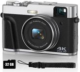 VAHOIALD 4K Digital Camera for Photography, Autofocus with Viewfinder 16X Anti-Shake Video Vlogging YouTube Compact Point and Shoot Cameras 32GB SD Card, Black and Silver