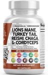 Clean Nutraceuticals Lions Mane 20in1 Mushroom Supplement with Turkey Tail Reishi Cordyceps Chaga Maitake Meshima Poria Cocos Shiitake Oyster Porcini Enoki 60 Count