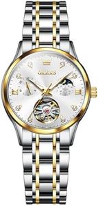 OLEVS Watch Women Luxury Mechanical Watches for Women Silver Stainless Steel Two Tone Wind Up Ladies Watches White No Battery Moon Phase Elegant Reloj para Mujer