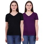 FLEXIMAA Women's Cotton Plain V Neck Half Sleeve Black & Purple Color Regular Fit T-Shirt L Size - (Pack Of 2)