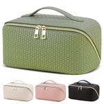 Makeup Bag, Large Capacity Woven Travel Cosmetic Bag for Women, Waterproof Portable PU Leather Travel Toiletry Bag Makeup Organizer Bag with Handle and Divider (Green-C)