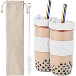 Amyoole 2 Pack Reusable Boba Cup,24Oz Wide Mouth Smoothie Cup,mason Jar Glass Cups with Lids and Straws,Bubble/Boba Tea Cups,Ice Coffee Tumbler 2 colored straws 1 sponge brush(White)