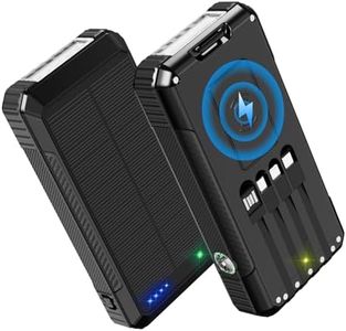 FCJZX Solar Charger Power Bank 49800mAh, Portable Phone Wireless Charging Built-in 4 Cables 22.5W Fast Charging,Type-C Input/Output Port Solar Panel Charger with Flashlights&Compass for Camping（Black