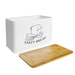 SOTECH White Metal Bread Box for Kitchen Countertop with Cutting Board Bamboo Lid and Fits 2 Loaves Farmhouse BreadBox Kitchen Bread Food Storage Bin Vintage Design style