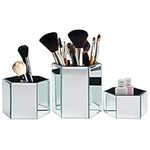 Kurtzy Set of 3 Mirrored Hexagon Makeup & Cosmetic Brush Holder - Small, Medium & Large Silver Pots - Home & Bathroom Vanity Unit Storage Organiser - Practical & Modern Pen & Pencil Desk Tidy