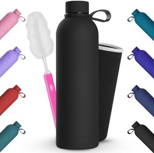 Geepen Thermal Insulated Bottle 25oz Stainless Steel Water Bottle with Brush + Portable Bag Sports Water Bottle Holder for Camping, School, Sports, Gym Black