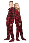 BIG FEET PAJAMA CO. Hoodie Footed Onesie Buffalo Plaid Fleece Footed Pajamas for Boys & Girls Red