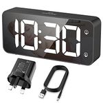 HERMIC Alarm Clock Bedside Mains Powered Large Digital Led Display, Brightness Dimmer, Adjustable Alarm Volume, Snooze, Dual Alarm, 12/24H, 8 Ringtones, USB Charging Port, Easy to Use Black