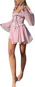 Women Puff Sleeve Tulle Princess Dress Square Neck Bubble Sleeve Mini Dress Mesh Ruffle Party Prom Dress, Without Bustier Pink, Small