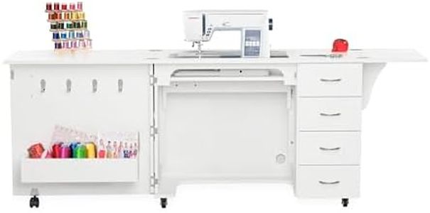 Arrow Classic Sewing Furniture Harriet Full-Size Sewing Cabinet with Hydraulic Machine Lift, Drawers, Expandable Leaves, Locking Wheels - Ash White