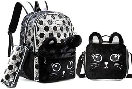 HTgroce Cartable Fille Primaire Cartable Sac à Dos Filles Enfants Chat Noir Sac à Dos fille Elementaire Sacs Scolaires de 3 Pieces avec Sacs à Lunch et Trousse pour CP CE1 CM1 CM2 D'école Étudiants
