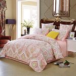 Lanqinglv Double Duvet Cover Set Bohemian Pink White Floral Boho Patterned Bedding Sets,Elegant Microfiber Indian Flowers Quilt Duvet Cover with Zipper Closure and 2 Pillowcases 50x75cm