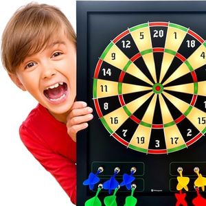 HMmagnets Large & Safe Magnetic Dart Board (Wooden Frame) for Kids & Adults - Fun Game for Up to 4 Players - Including 12 Colorful Darts + Dry Erase Score Board (2 Markers+Eraser) | Sturdy & Durable