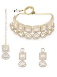 ZAVERI PEARLS Gold Tone Austrian Diamonds Artificial Stones Bridal Choker Necklace Earring & Maangtikka Set For Women-ZPFK17074