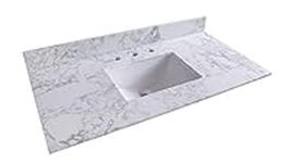 Montary Marble Vanity Top with Undermounted Rectangular Ceramic Sink & Backsplash, White Carrara Engineered Stone Countertop for Bathroom Kitchen Cabinet (43"3 Faucet Hole)