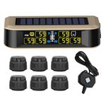 B-Qtech Tire Pressure Monitoring System RV TPMS Solar Power Wireless Tire Pressure Monitor with Repeater and 6 Sensors for Motorhome Travel Trailer Tow Pressure Temperature Real-time Alarm 0~199PSI