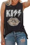 Fuyxxmer Womens Kiss Letter Print Leopard Lips Casual Round Neck Sleeveless Tanks Tops Black