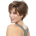 QUEENTAS Short Hair Wigs for Women Brown Pixie Bob Wig Pixie Cut Wig for Women Synthetic Hair Wigs with Bangs Daily or Cosplay (Dark Brown Highlingt Blonde)