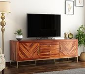 MetalTree Premium Solid Sheesham Wood TV Unit with 2 Drawers, 4 Shelves, and 2-Door Storage - Accommodates up to 65-Inch TV (Jett 2, Honey Finish)