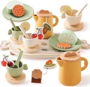OESSUF Tea Party Set Kids Wooden Tea Set for Girls and Boys, Kids Play Kitchen Accessories Toy Silicone Dishwasher Tea Set for Toddler, Pretend Play Toddler Tea Set Ideal Christmas Birthday Gift