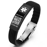 Theluckytag Medical Alert Bracelets with QR Code for Men & Women Sport OutDoor - Silicone Waterproof Wristband Fits Wrists Up To 9 inches - More Space Custom Emergency Medical ID Information (Butterfly Clasp - Plus Black + Black dial)