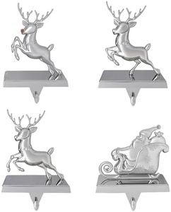 K9King Christmas Stocking Holder Set of 4 - Santa’s Sleigh Rudolph The Red Nose Reindeer Christmas Decorations Decorative Metal Hanger for Stockings Holiday Mantle Decor