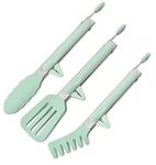PLENARO Set of 3 Stainless Steel Food Tongs with Silicone Tips, 3 Types Heavy Duty Non-Stick Clamp Clip for Kitchen BBQ Cooking Grilling Buffet Noodles Salad Steak (Green)