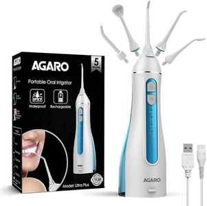 AGARO Ultra Plus Portable Dental Flosser, 5 Nozzles, Cordless & Rechargeable,4 Cleaning Modes,IPX7 Waterproof with 200ml Water tank, Flossing at Home & Travel, Oral Flosser, Oral Irrigator- White