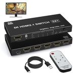 8K 4K HDMI Switch 5 in 1 Out, 5×1 HDMI Splitter HDMI Switcher with IR Remote, HDMI 2.1 Switch 8K@60Hz/4K@144Hz for PS5 PS4 Xbox PC TV