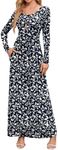 DEARCASE Maxi Dress for Women Floral Navy Blue Entwined Flower Small Round Neck Boho Long Sleeves A-line Casual Hawaiian Empire Waist Flowy Party Vintage Spring Fall Winter Dresses with Pocket