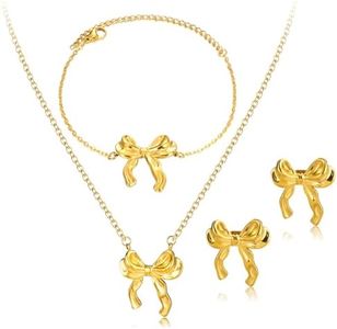 ankbrats Gold Bow Jewelry Set for Women, Ribbon Bow Necklace Earrings and Bracelet Gold Plated Stainless Steel, Hypoallergenic Gold Butterfly Jewelry Set Gift for Christmas, One Size, Stainless Steel,