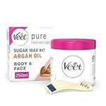 Veet Pure Hot Wax, Argan Oil, Body and Face, 250ml each, 1 Spatula, 12 Reusable Fabric Strips, Sugar Wax Kit, Natural Ingredients, Long Lasting Results, Hair Removal (Packaging may vary)