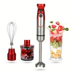 SOLARA Electric Hand Blender for Kitchen with Whisk, Mixing Jar & Chopper, Titanium Coated Stainless Steel Blades, Variable Speeds+TURBO, Blender for smoothie, juices, Batters & more, RED