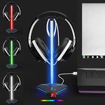 RGB Headphone Stand Headset Holder Hanger with 2 USB 2.0 Extension Charging Port, Type C input & output Extender Cord RGB Color Light Pole for Gamer Desktop Table PC Gaming Earphone Accessories