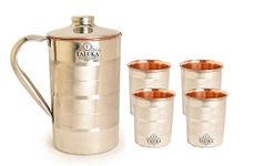 Taluka Handmade Stainless Steel Copper Jug 2000 ML for Drinking Water with 4 Steel Copper Glass 350 ML Each Water Storage | Home Hotel Restaurant Tableware Drinkware