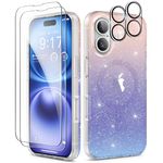 BERFY 5 in 1 Compatible with iPhone 16 Case Glitter, with 2X Screen Protector + 2X Camera Lens Protector, [Non-Yellowing] Clear Sparkle Slim Shockproof Hard Phone Cover for Women 6.1", Gradient