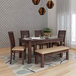 Furnisquare Solid Sheesham Wood Dining Table 6 Seater | Six Seater Dinning Table with 4 Chairs & 1 Bench for Home | Chairs & Bench with Cushion | Dining Room Sets for Restaurants, J-Walnut Finish