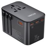 Universal Travel Adapter, VINTAR 75W GaN International Plug Adapter with 3 USB C PD and 2 USB A QC, All in one Travel Essentials for UK/EU/USA/AUS, Worldwide Power Adapter for Laptops Tablets Phones