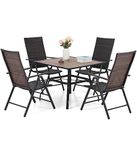 MFSTUDIO Patio Dining Table and Chairs Set 5, 94 CM Square Wood-Like Table with 1.57" Umbrella Hole and 4 Wicker Folding Rattan Chairs for Bistro, Garden, Poolside, Backyard, Porch