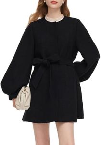 GOELIA Women Balloon Sleeves A-Line Wrap Coat Black Tweed Long Blazer