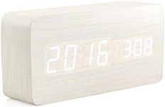 Oct17 Wooden Digital Alarm Clock, Wood Fashion Multi-Function LED Alarm Clock with USB Power Supply, Voice Control, Thermometer - White