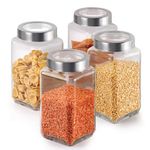 Vency Glass Round Shape Transparent Glass Jars & Containers for Kitchen Pantry, Snacks, Masala, Pickles, Dry Fruits, Coffee Beans Storage with Steel See-through Lid (Set Of 4) (1000ml Steel Cap)